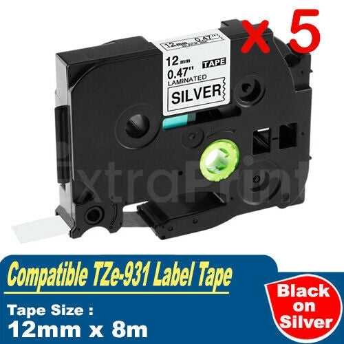 5 x Generic Brother TZe-931 TZe931 12mm Black Text on Silver Laminated Tape - 8 meters