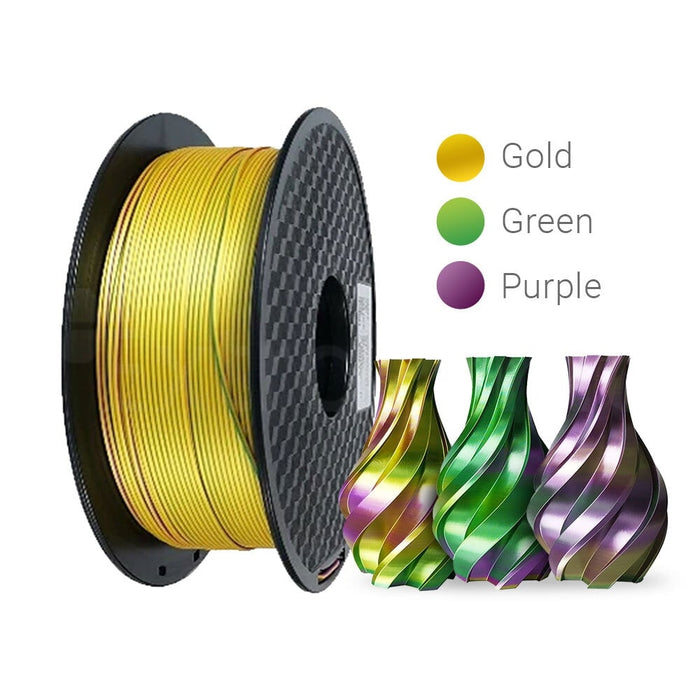 4 x Silk PLA 3D Filament 1.75mm Tricolour Gold & Green & Purple - 1KG