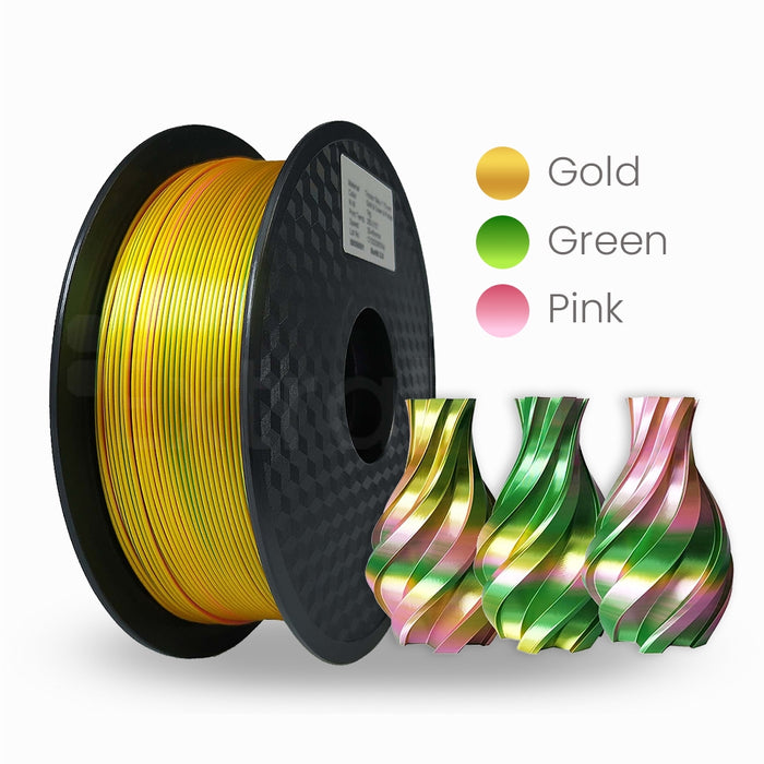 4 x Silk PLA 3D Filament 1.75mm Tricolour Gold & Green & Pink - 1KG