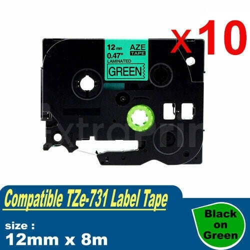 10 x Generic Brother TZe-731 TZe731 12mm Black Text on Green Laminated Tape - 8 meters