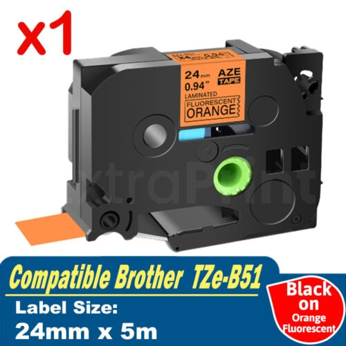 Generic Brother TZe-B51 TZeB51 24mm Black Text on Orange Fluorescent Laminated Tape - 5 meters