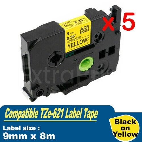 5 x Generic Brother TZe-621 TZe621 9mm Black Text on Yellow Laminated Tape - 8 meters