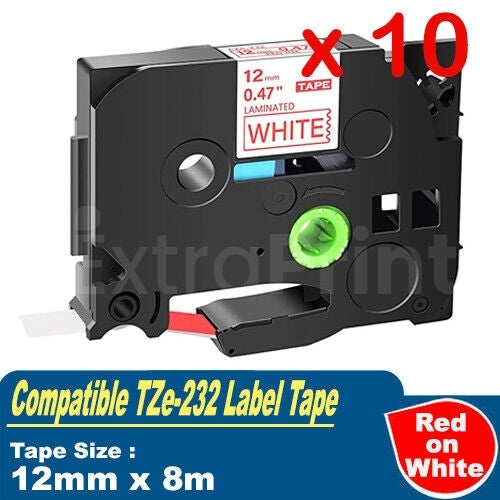 10 x Generic Brother TZe-232 TZe232 12mm Red Text on White Laminated Tape - 8 meters