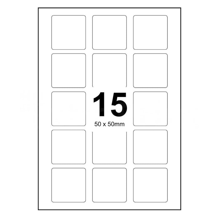 100 Sheets A4 White Self Adhesive Paper Laser Inkjet Sticker Labels 50 x 50mm Square - 15 Labels Per Sheet