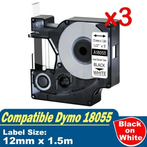 3 x Dymo SD18055 Generic 12mm Black Text on White Heat-Shrink HeatShrink Tube Industrial Rhino Label Cassette - 1.5 meters