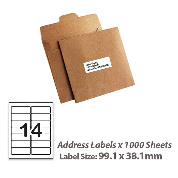 1000 Sheets A4 White Self Adhesive Paper Address Mailing Laser Inkjet Sticker Labels 99.1 x 38.1mm - 14 Labels Per Sheet