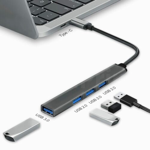 4-Port USB-C Hub Adapter USB-C to USB-3.0 x1 USB-2.0 x3 Data Transfer Charging for PC Laptop