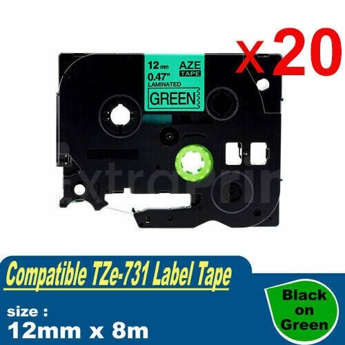 20 x Generic Brother TZe-731 TZe731 12mm Black Text on Green Laminated Tape - 8 meters