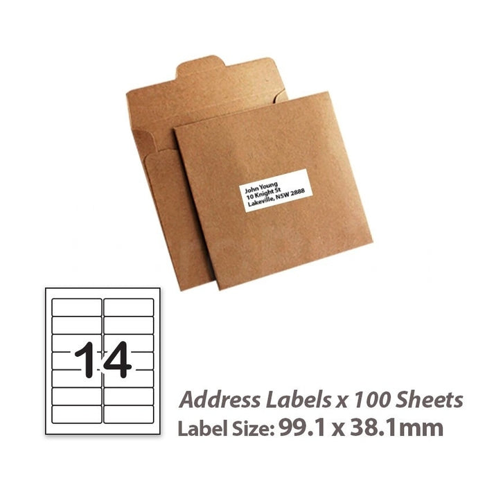 100 Sheets A4 White Self Adhesive Paper Address Mailing Laser Inkjet Sticker Labels 99.1 x 38.1mm - 14 Labels Per Sheet
