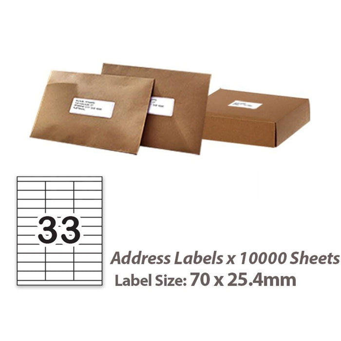 10,000 Sheets A4 White Self Adhesive Paper Address Mailing Laser Inkjet Sticker Labels 70 x 25.4mm - 33 Labels Per Sheet