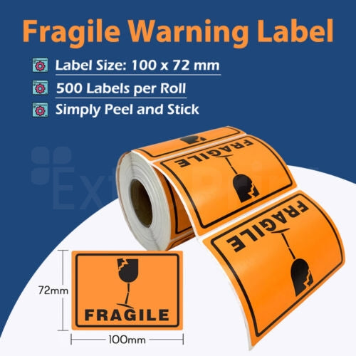 1 Roll x FRAGILE Glass Warning Label in Orange Shipping Adhesive Sticker 100x72mm (500 Labels per Roll)