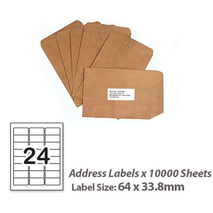 10,000 Sheets A4 White Self Adhesive Paper Address Mailing Laser Inkjet Sticker Labels 64 x 33.8mm - 24 Labels Per Sheet