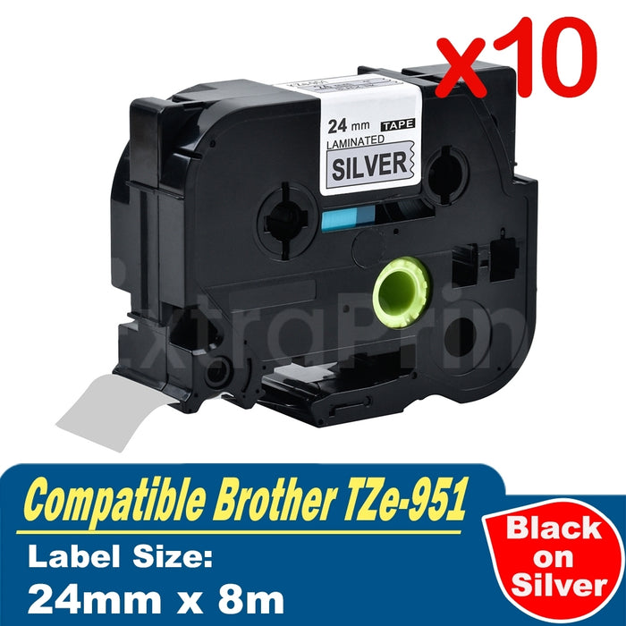10 x Generic Brother TZe-951 TZe951 24mm Black Text on Silver Laminated Tape - 8 meters