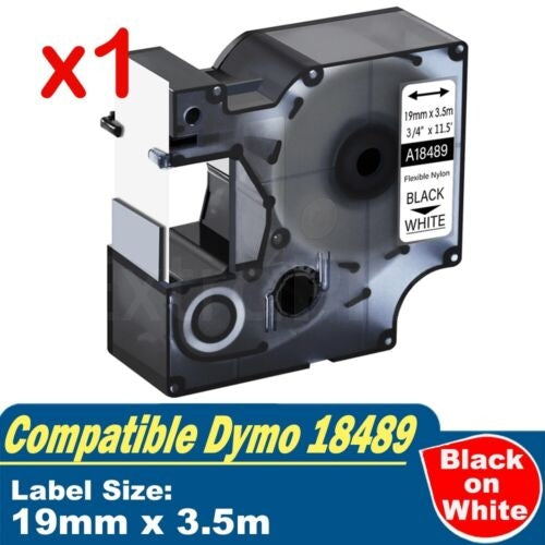 Dymo SD18489 Generic 19mm Black Text on White Flexible Nylon Industrial Rhino Label Cassette - 3.5 meters