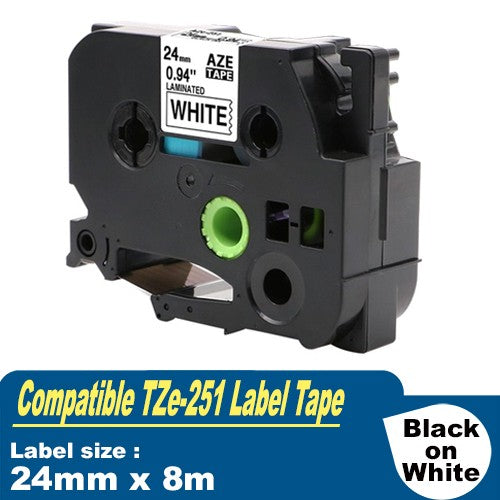 Generic Brother TZe-251 TZe251 24mm Black Text on White Laminated Tape - 8 meters