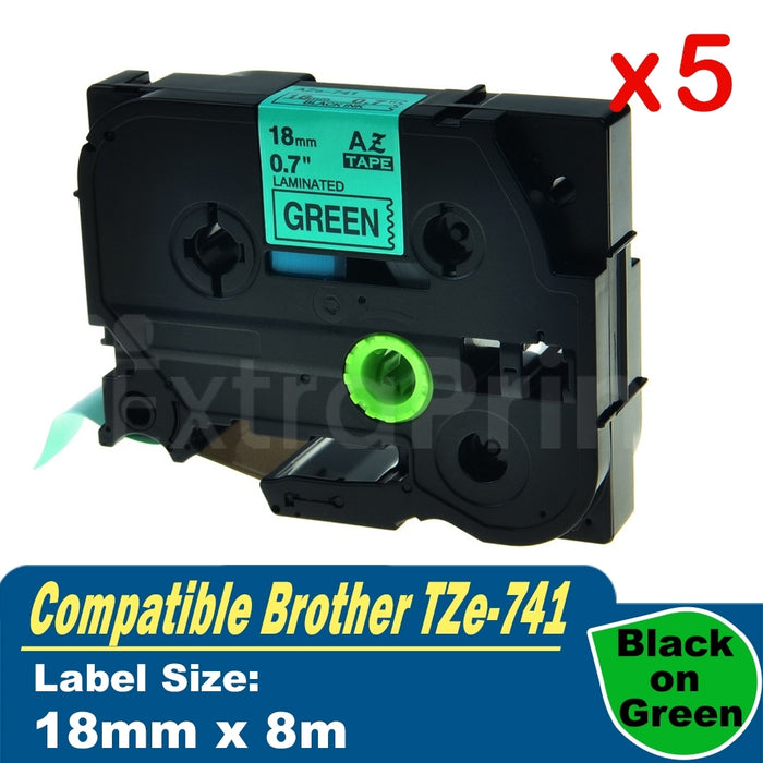 5 x Generic Brother TZe-741 TZe741 18mm Black Text on Green Laminated Tape - 8 meters