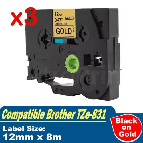 3 x Generic Brother TZe-831 TZe831 12mm Black Text on Gold Laminated Tape - 8 meters