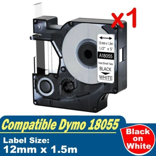 Dymo SD18055 Generic 12mm Black Text on White Heat-Shrink HeatShrink Tube Industrial Rhino Label Cassette - 1.5 meters