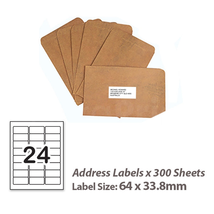 300 Sheets A4 White Self Adhesive Paper Address Mailing Laser Inkjet Sticker Labels 64 x 33.8mm - 24 Labels Per Sheet