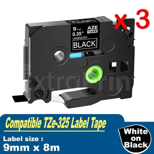 3 x Generic Brother TZe-325 TZe325 9mm White Text on Black Laminated Tape - 8 meters