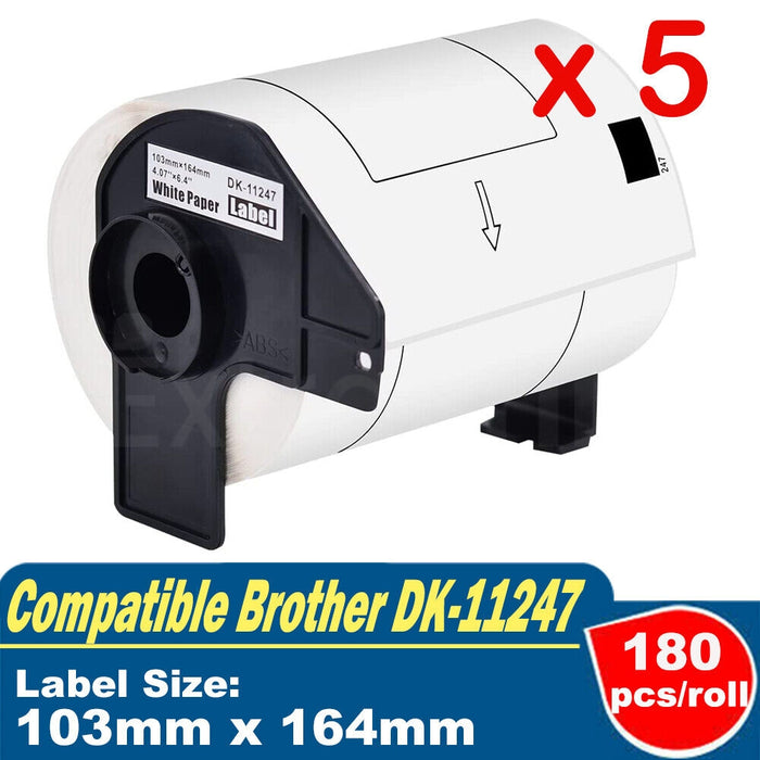 5 x Generic Brother DK-11247 DK11247 Black Text on White 103mm x 164mm Die-Cut Paper Label Roll - 180 labels per roll