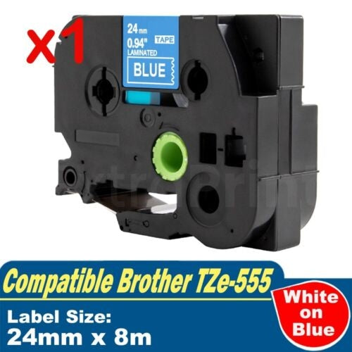 Generic Brother TZe-555 TZe555 24mm White Text on Blue Laminated Tape - 8 meters