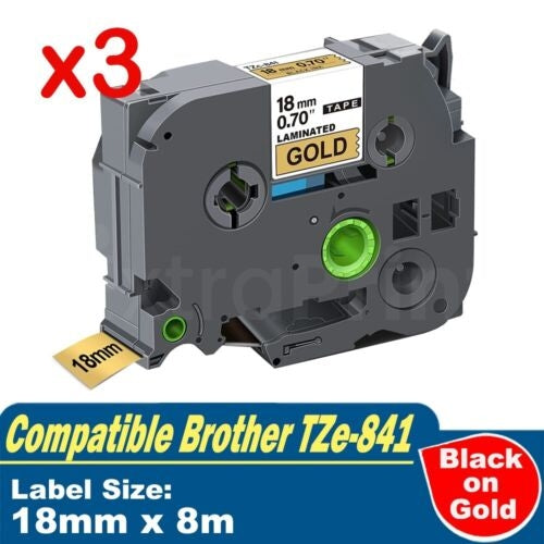 3 x Generic Brother TZe-841 TZe841 18mm Black Text on Gold Laminated Tape - 8 meters