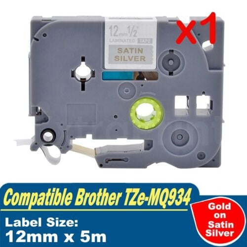 Generic Brother TZe-MQ934 TZeMQ934 12mm Gold Text on Satin Silver Laminated Tape - 5 metres