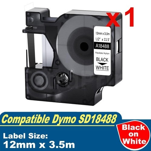 Dymo SD18488 Generic 12mm Black Text on White Flexible Nylon Industrial Rhino Label Cassette - 3.5 meters