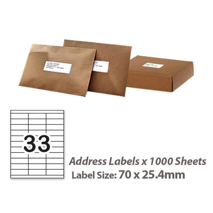 1000 Sheets A4 White Self Adhesive Paper Address Mailing Laser Inkjet Sticker Labels 70 x 25.4mm - 33 Labels Per Sheet