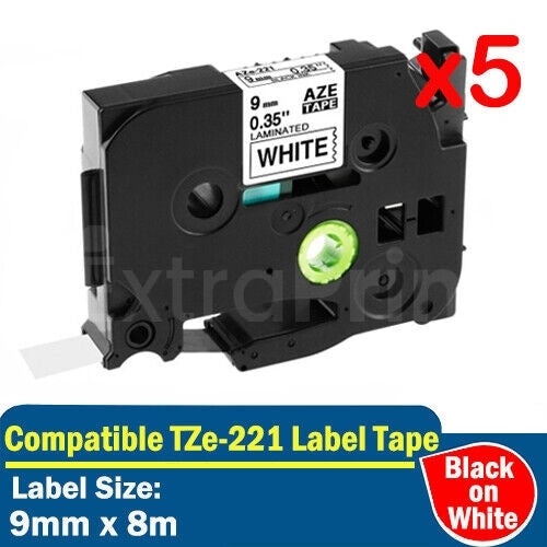 5 x Generic Brother TZe-221 TZe221 9mm Black Text on White Laminated Tape - 8 meters