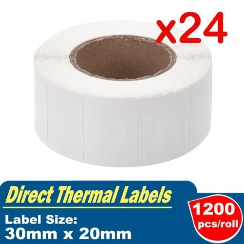 24 Rolls 30mm X 20mm Perforated Direct Thermal Labels White - 1200 Labels per Roll