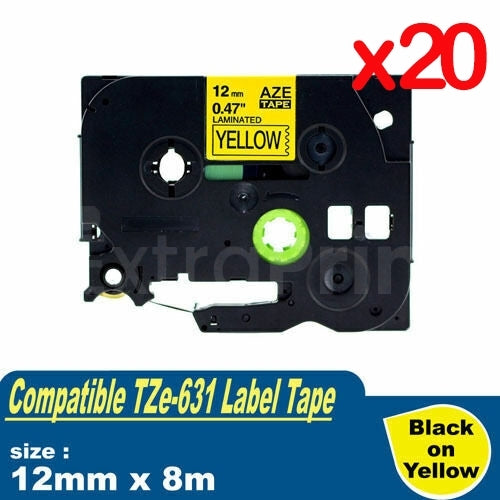 20 x Generic Brother TZe-631 TZe631 12mm Black Text on Yellow Laminated Tape - 8 meters