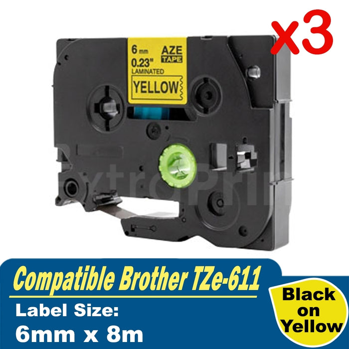 3 x Generic Brother TZe-611 TZe611 6mm Black Text on Yellow Laminated Tape - 8 meters