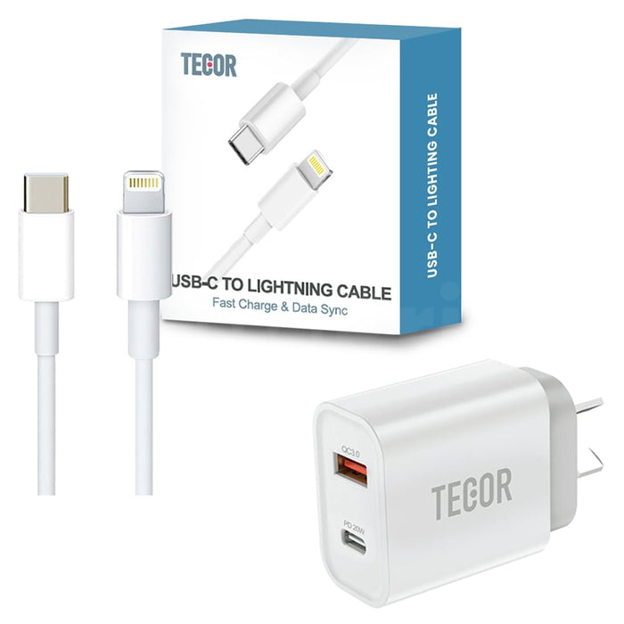 USB Type-C To Lightning PD Fast Charging Cable for iPhone / iPad / iPod (2m) with 20W Dual Port USB-C & USB-A Power Adapter PD QC 3.0 Wall Charger