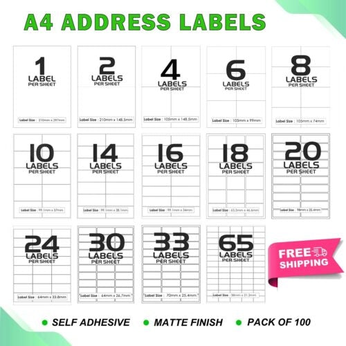 500 Sheets A4 White Self Adhesive Paper Address Mailing Laser Inkjet Sticker Labels 63.5 x 46.6mm - 18 Labels Per Sheet