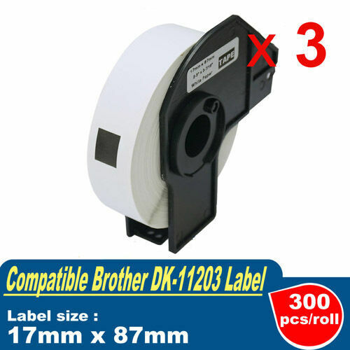 3 x Generic Brother DK-11203 DK11203 Black Text on White Die-Cut Paper Label Roll 17mm x 87mm - 300 labels per roll