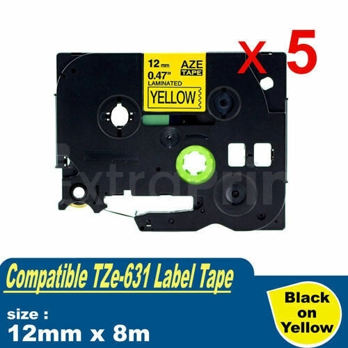 5 x Generic Brother TZe-631 TZe631 12mm Black Text on Yellow Laminated Tape - 8 meters