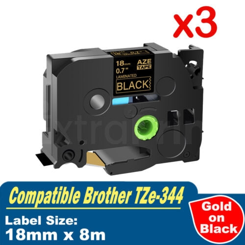 3 x Generic Brother TZe-344 TZe344 18mm Gold Text on Black Laminated Tape - 8 meters