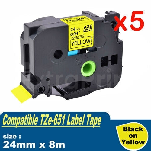 5 x Generic Brother TZe-651 TZe651 24mm Black Text on Yellow Laminated Tape - 8 meters