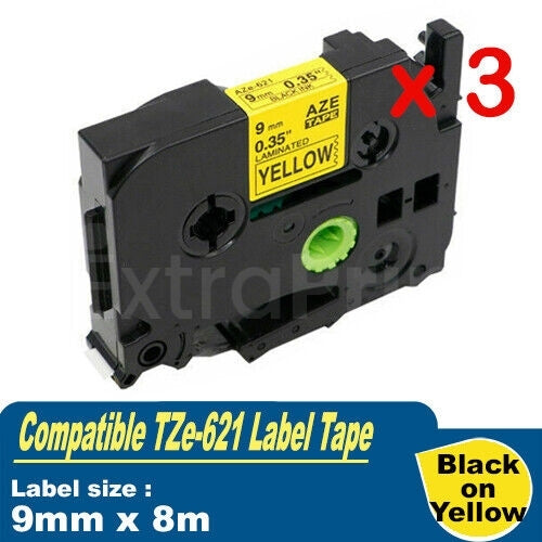 3 x Generic Brother TZe-621 TZe621 9mm Black Text on Yellow Laminated Tape - 8 meters
