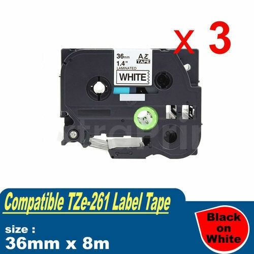 3 x Generic Brother TZe-261 TZe261 36mm Black Text on White Laminated Tape - 8 meters