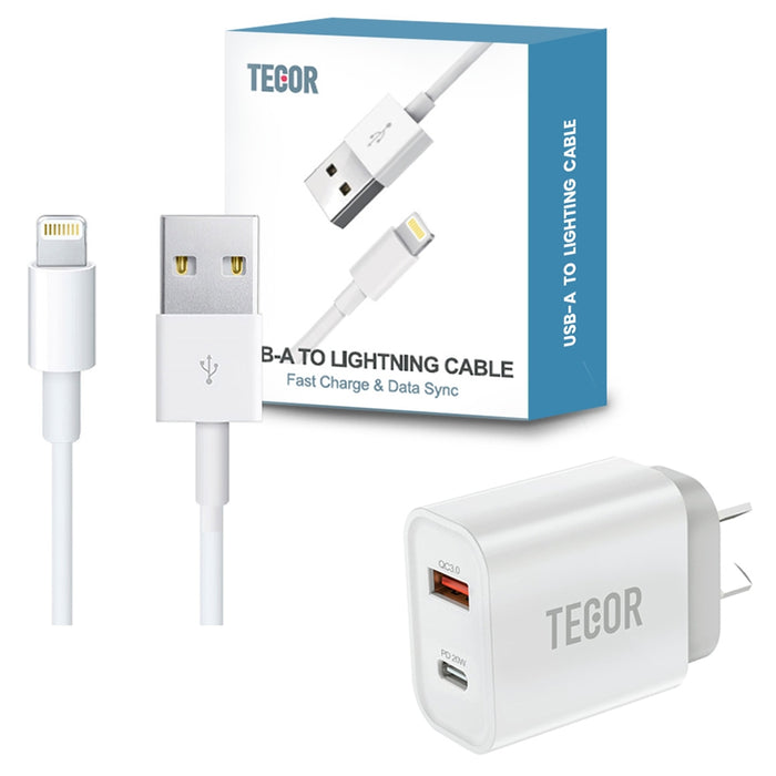 USB Type-A To Lightning Cable Charging & Data Sync for iPhone /iPad / iPod (2m) with 20W Dual Port USB-C & USB-A Power Adapter PD QC 3.0 Wall Charger