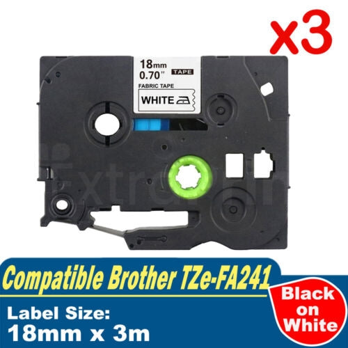 3 x Generic Brother TZe-FA241 TZeFA241 18mm Black Text on White Fabric Tape - 3 meters
