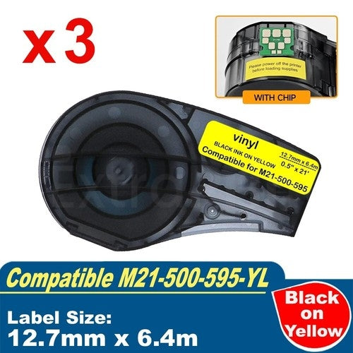 3 x Generic Brady M21-500-595-YL M21500595YL Black on Yellow Vinyl Label Tape 12.7mm x 6.4m