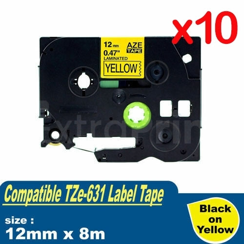 10 x Generic Brother TZe-631 TZe631 12mm Black Text on Yellow Laminated Tape - 8 meters