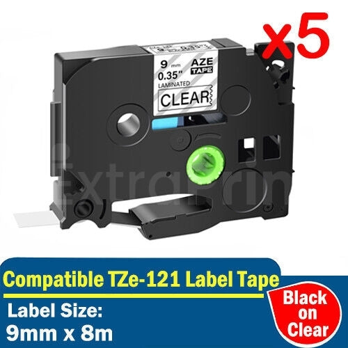 5 x Generic Brother TZe-121 TZe121 9mm Black Text on Clear Laminated Tape - 8 meters